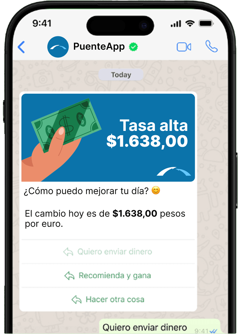 Tasa alta, chat de PuenteApp con opciones para enviar dinero
